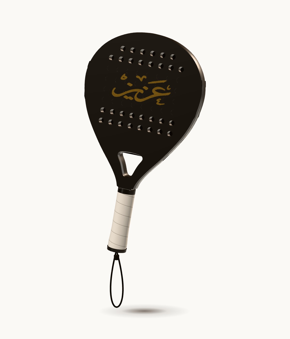 Aziz's custom padel racket: black satin with gold Arabic calligraphy